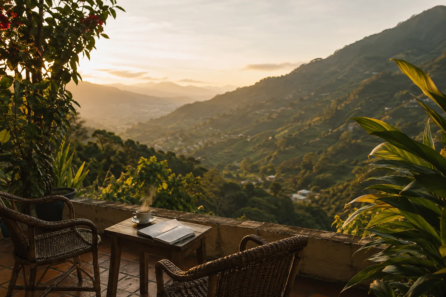 A quiet terrace overlooking green mountains near Medellín, Colombia at sunrise