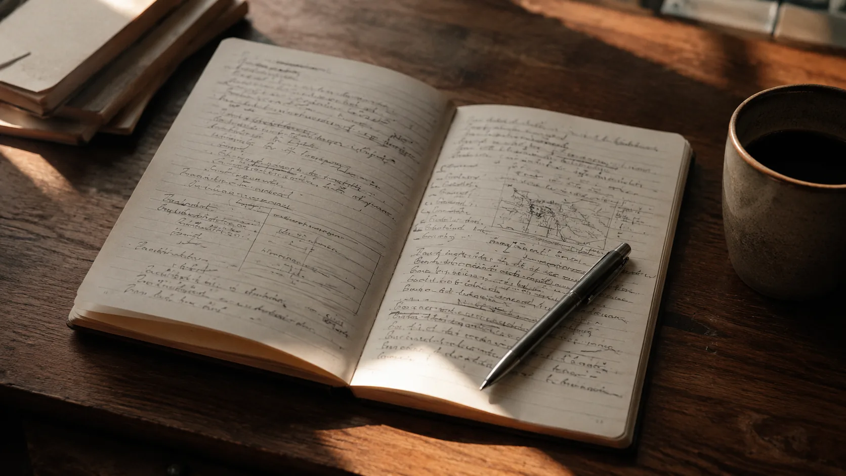 An open atlas on a desk with a compass and a hand-drawn dashed route from North America toward South America